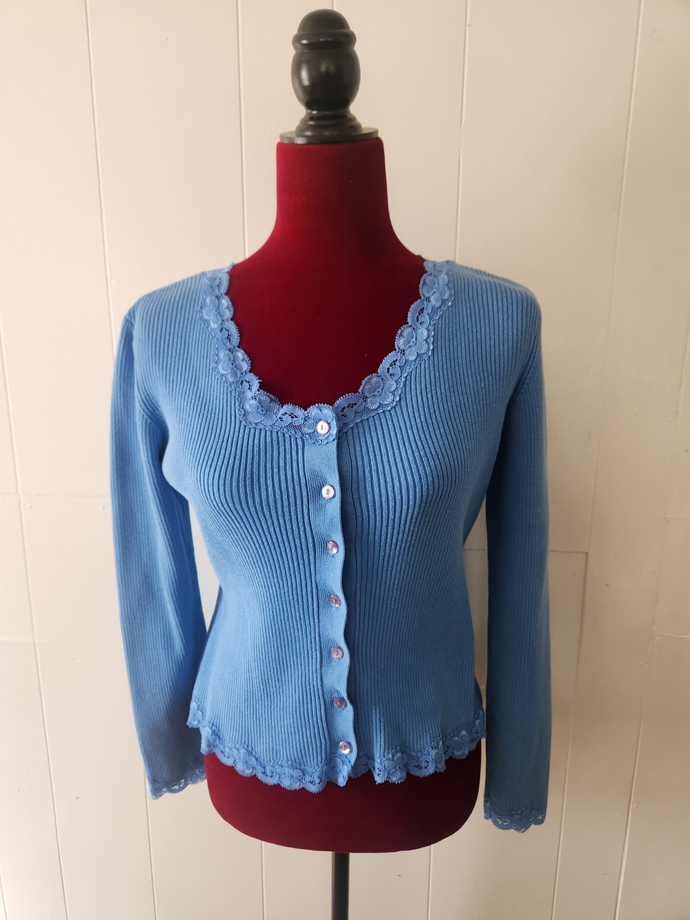 Rafaella Sky Blue Ribbed Lace-Trim Button Cardigan Y2k 90s Cottagecore